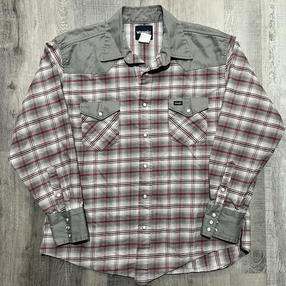Wrangler Western Brushpopper Pearl Snap Short Two Tone Plaid Cowboy Canvas Heavy